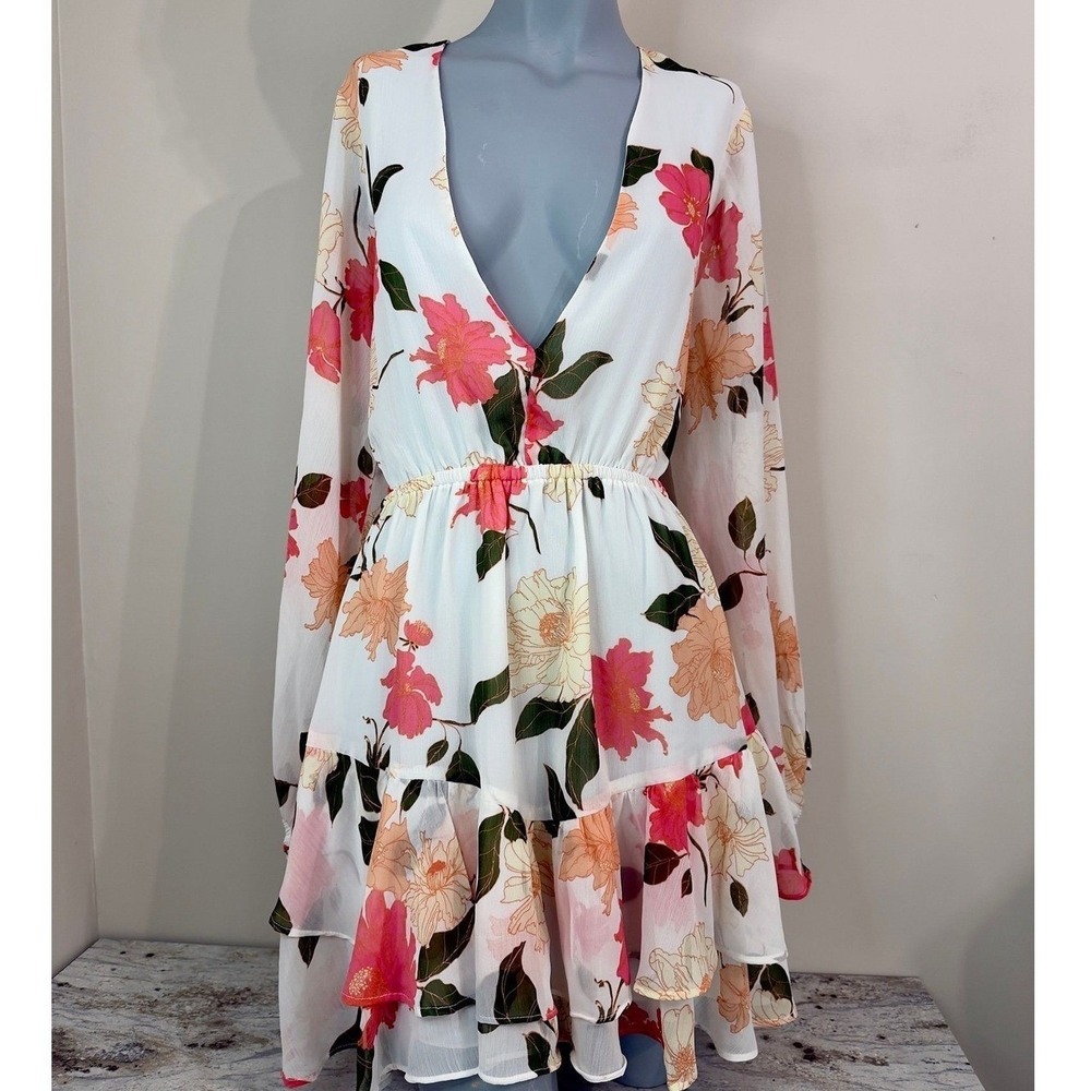 VICI Floral Ruffle NWT Open Back Tie Long Sleeve Boho Mini Dress Style
